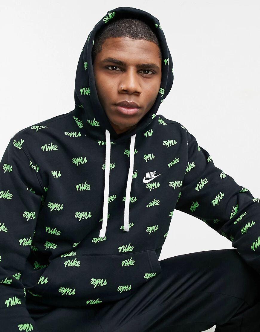 Nike Club all over script logo hoodie in black  Black