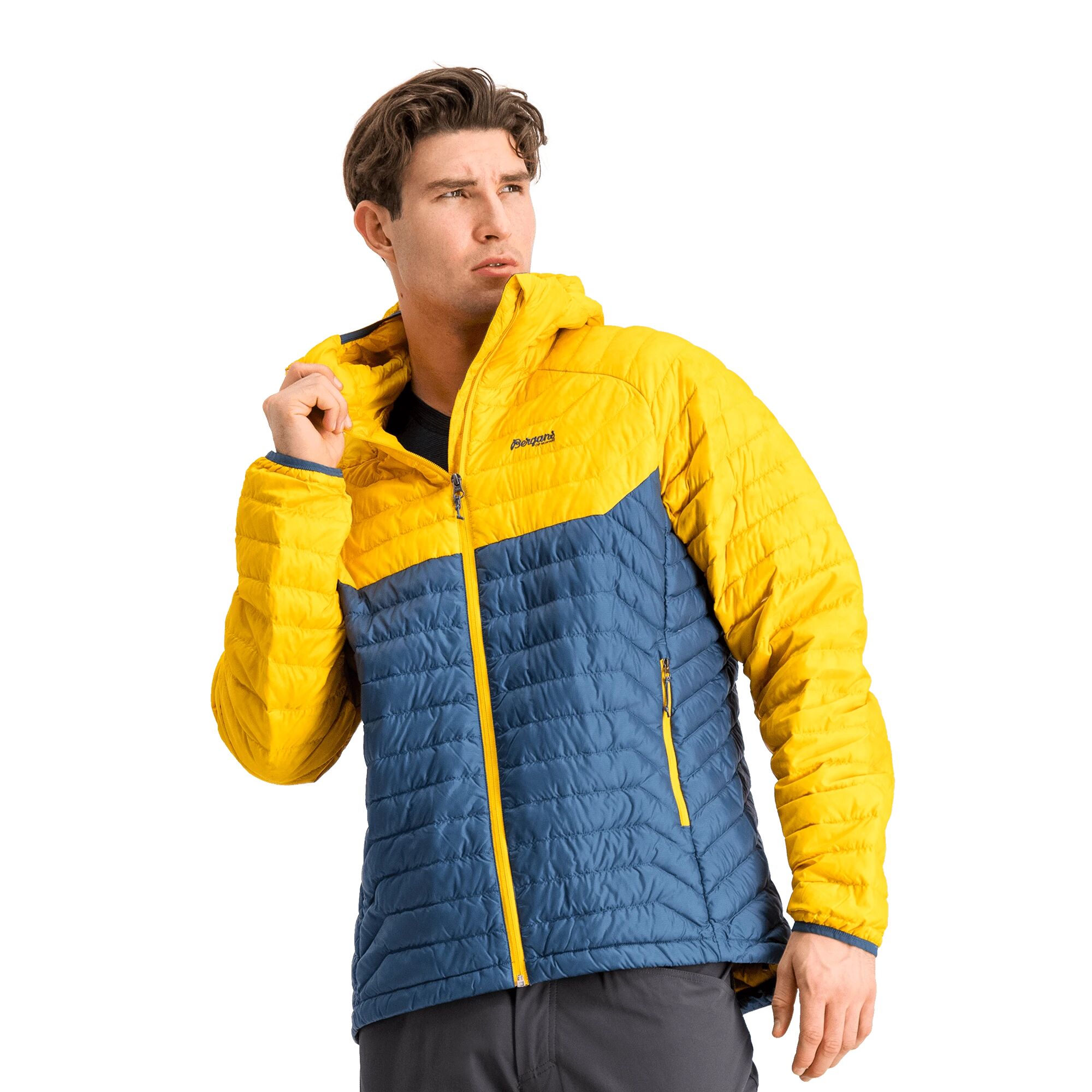 Bergans Romsdal V2 Down Light Hood Jacket, dunjakke herre M Orion Blue/light Gol