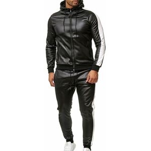 SDGHH-8MMDM Men's Sexy PU Leather Leisure Running Fitness Hooded Long Sleeve Sportswear 2 Pieces Set Nightclubs Bars DS Stage Costume,White,XXL