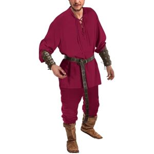 WAZHAKU Medieval Clothing Men's Pirate Suit 4-Piece Set Renaissance Victorian Steampunk Medieval Clothing Classic Lace-up Shirt Pirate Shirt + Trousers + Accessory Set Cosplay, T1 red (2 pieces), XL