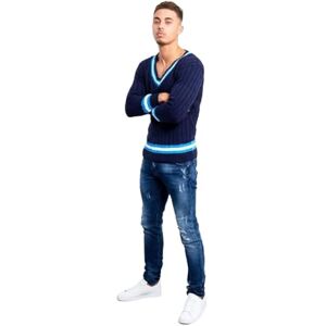 MisHashTag&#174; Mens Cable Knitted V Neck Jumper Pullover Tops Adults Long Sleeve Knit Cricket Jumpers Golf Sweaters Sportswear Winter Jersey Top Navy XL