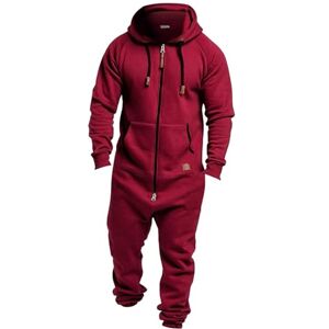 Generic Mens Outdoor Onesie Hooded Jumpsuit Zip Up One Piece Oversized Overall Rompers Casual Solid Color Gym Sport Jogger Sweatsuit Adult Unisex Pajamas Sleepwear Nightwear All-in-one Lounge-wear Red