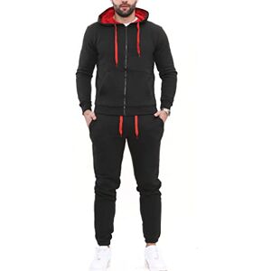 United xpaccessories Mens Long Sleeve Contrast Zip Up Hooded Fleece Gym Sports Joggers Full Tracksuit Basketball Top Tracky Bottom Black Red S