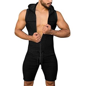 Herren Tshirt Shorts Set Freizeitanzug BOTCAM Overall Men's Shorts Jumpsuit One Piece Sleeveless Romper Zip Hoodie Bodysuit Slim Fit Stretchy Fitness T-Shirt and Shorts Sport Jogging Training Suit M-3XL, black, L