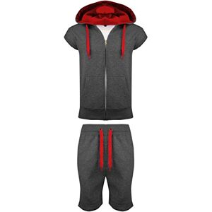 Malaika&#174; Mens Fleece Gilet Sleeveless Hooded Tracksuit Full Zip Up Contrast Cord Brushed Hoodie Jogging Joggers Gym Suit Top Shorts Workout Training (Small to XXL) (XXL, Charcoal-Red)