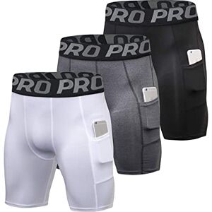 YUSHOW Compression Shorts Mens 3 Pack Sports Anti-Chafing Underwear Base Layer Shorts Quick Dry Running Shorts with Phone Pockets Cycling Tights for Workout Athletic Rugby Short Protect Leg Skin