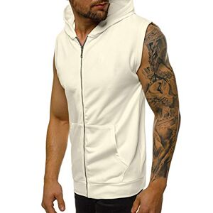 Men's Sleeveless Tops Hoodie Zip Up Workout Shirts Bodybuilding Training Gym Muscle Vest Tank with Pockets L White