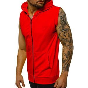 Achinel Mens Sleeveless Hoodie Zip Up Vest Tops Workout Shirts Bodybuilding Training Gym Muscle Running Tank Tops with Pockets M Red