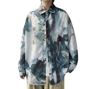 Lomhmn Summer Tops for Men 2024 Men's New Tops Shirt Mens Ink Painting Retro Flower Shirt Loose Drape Feeling Lazy Wind Couple Long Sleeved Shirt Coat Athletic Tops Men (A, XXXL)