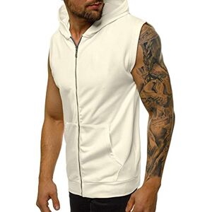 Achinel Mens Sleeveless Hoodie Zip Up Vest Tops Workout Shirts Bodybuilding Training Gym Muscle Running Tank Tops with Pockets M White