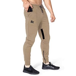 BROKIG Mens Thigh Mesh Gym Joggers Trousers Running Slim Fit Tracksuit Bottoms Sweatpants Men Zip Pockets (S, Beige)