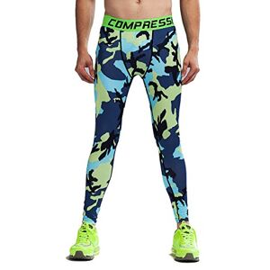 Fringoo Mens Compression Tights Workout Pants Base Layer Thermal Running Fitness Leggings Long Gym Skin Fit Performance S M L XL (Small, Camo Blue - Green)