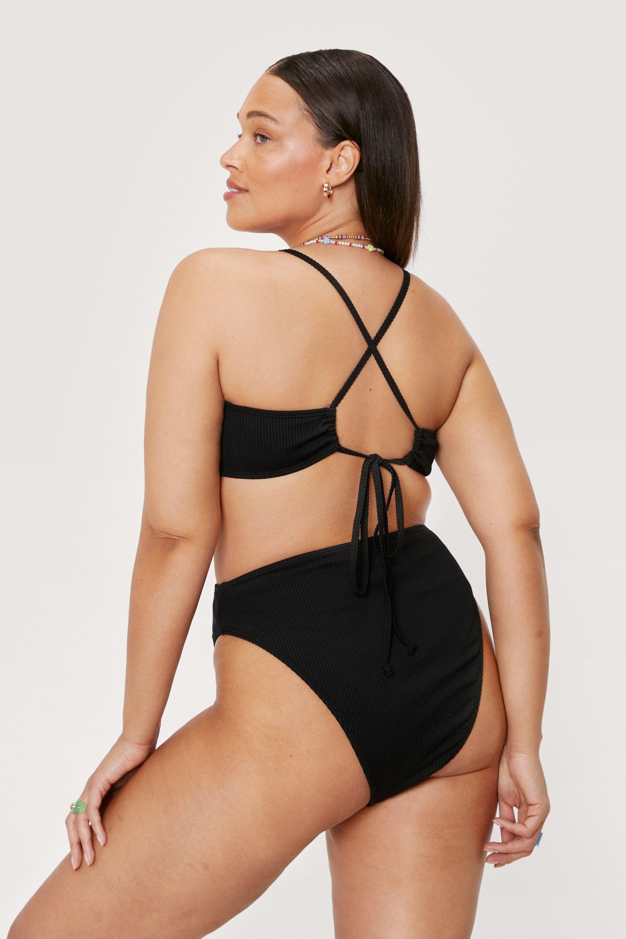 Nasty Gal Womens Plus Size Rib Lace Up Back Bikini Top - Black - 24, Black