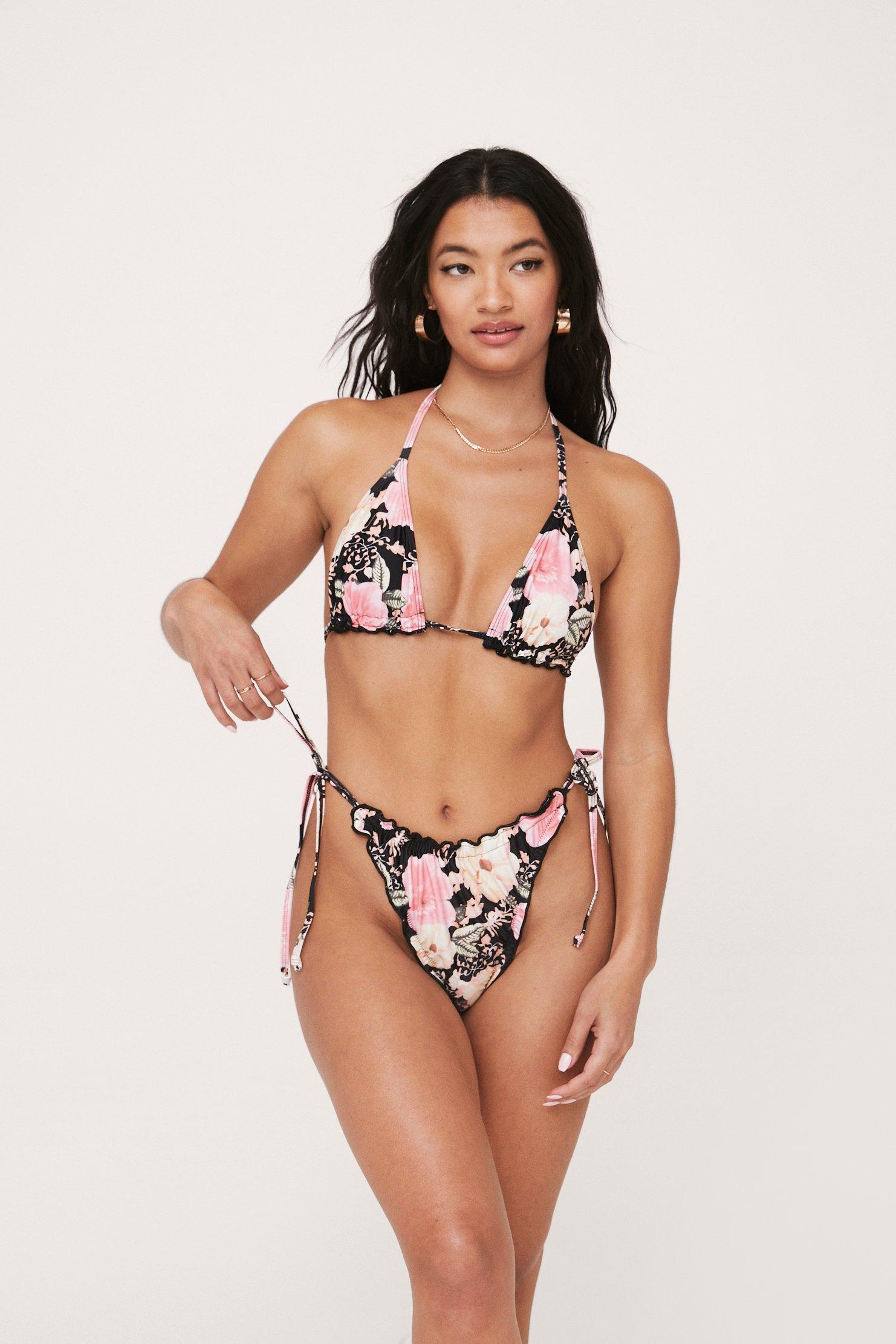 Nasty Gal Womens Floral Ruffle Triangle Tie Bikini Set - Black - 8, Black