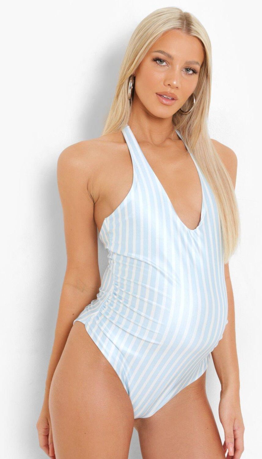 Boohoo Maternity Stripe Halterneck Swimsuit- Blue  - Size: 8