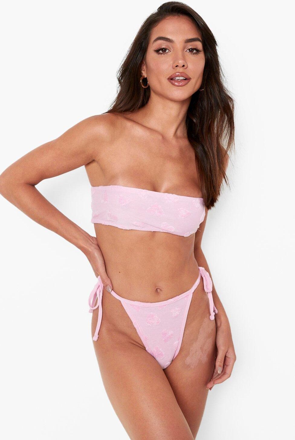 Boohoo Towelling Embossed Tie Side Bikini Brief- Pink  - Size: 10