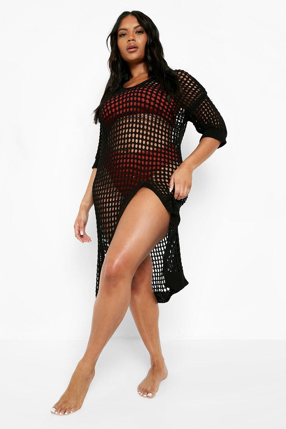 Boohoo Plus Crochet Split Leg Beach Maxi Dress- Black  - Size: 22