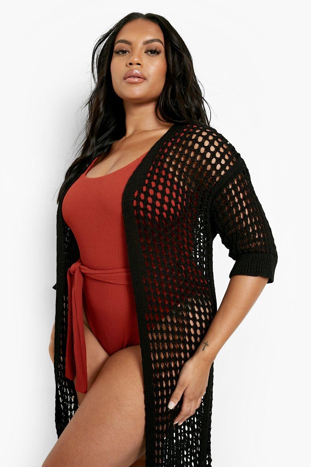 Boohoo Plus Crochet Beach Kimono- Black  - Size: 24