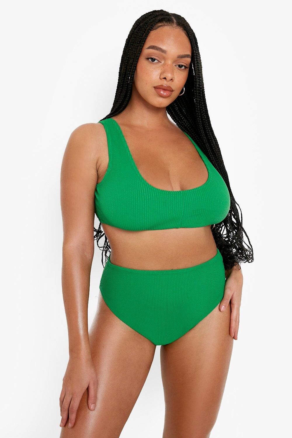 Boohoo Plus Crinkle Scoop High Leg Bikini- Green  - Size: 28