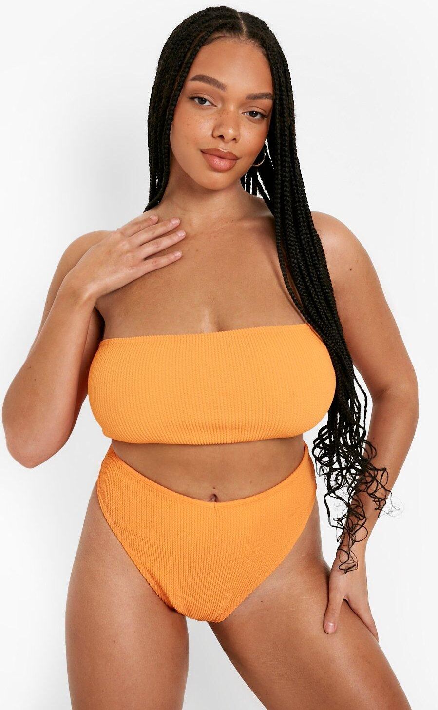 Boohoo Plus Crinkle Bandeau High Waist Bikini- Orange  - Size: 22