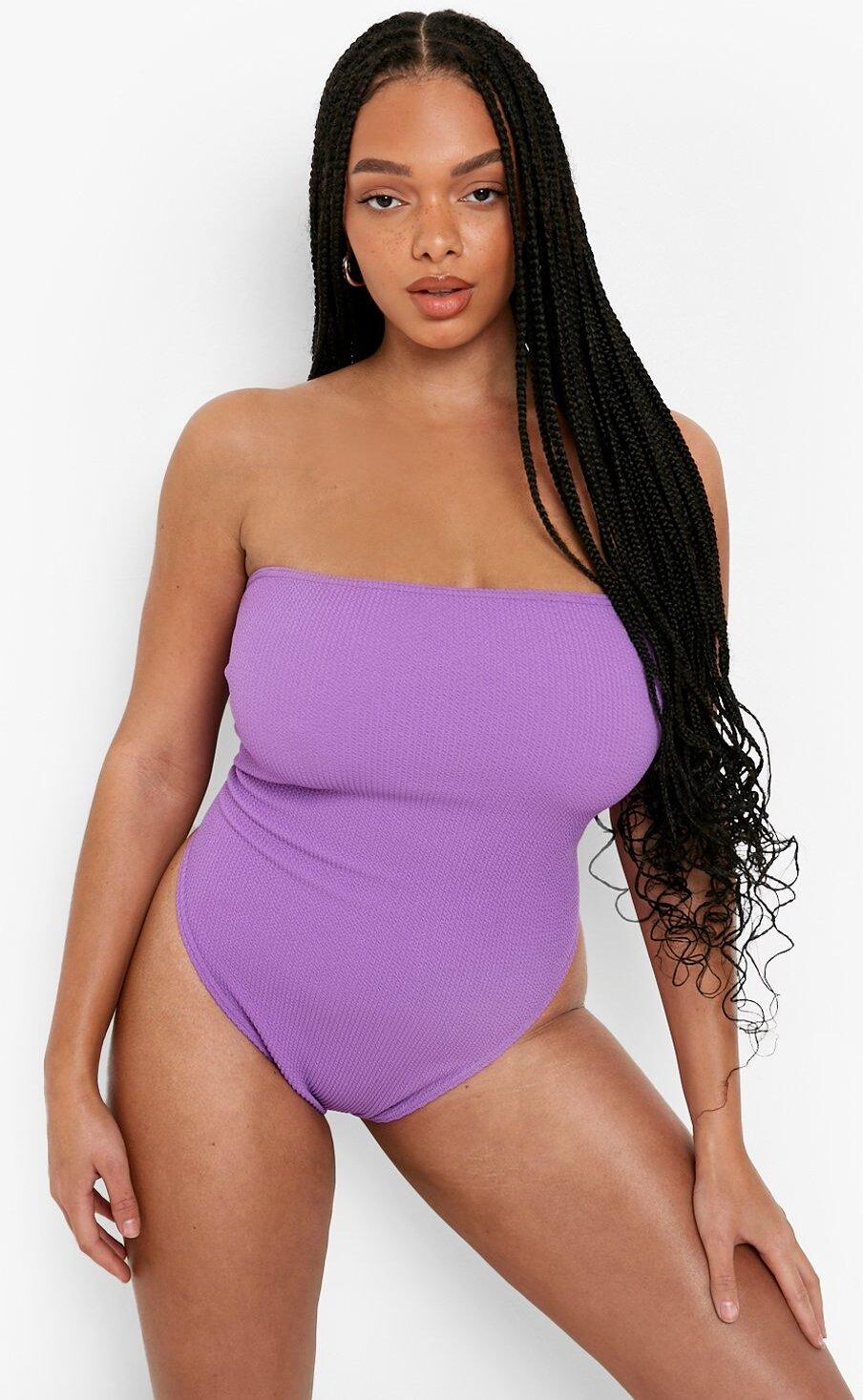 Boohoo Plus Crinkle Bandeau Swimsuit- Purple  - Size: 28