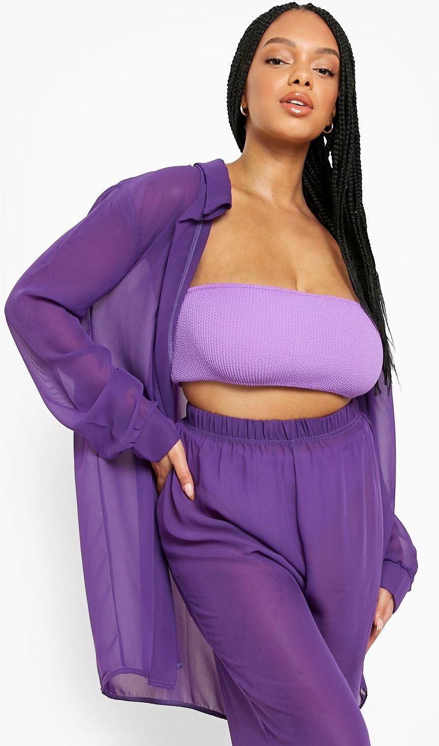 Boohoo Plus Chiffon Beach Shirt- Purple  - Size: 28