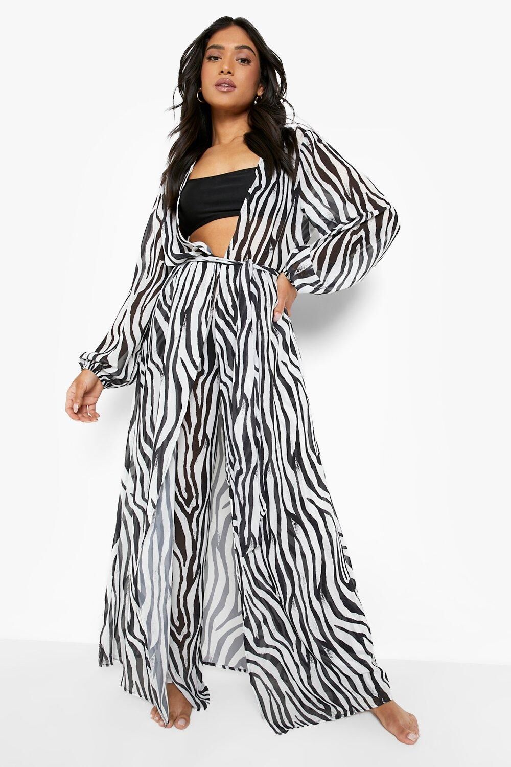Boohoo Petite Zebra Print Mesh Kimono- Black & White  - Size: 14
