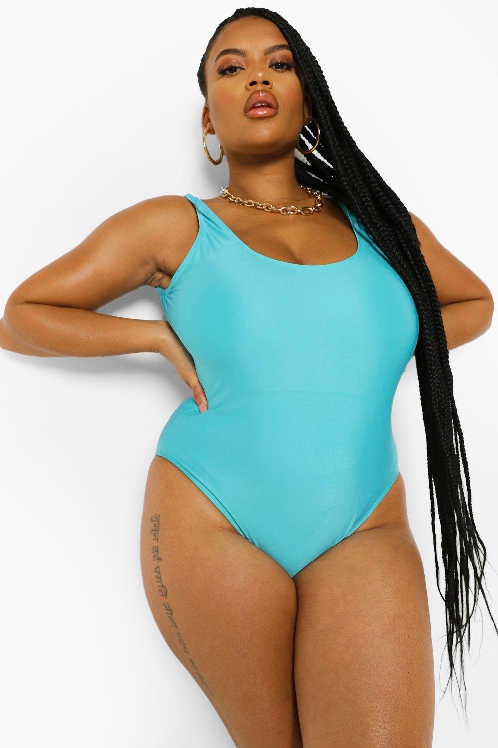 Boohoo Plus Basic Scoop Neck Swimsuit- Green  - Size: 18