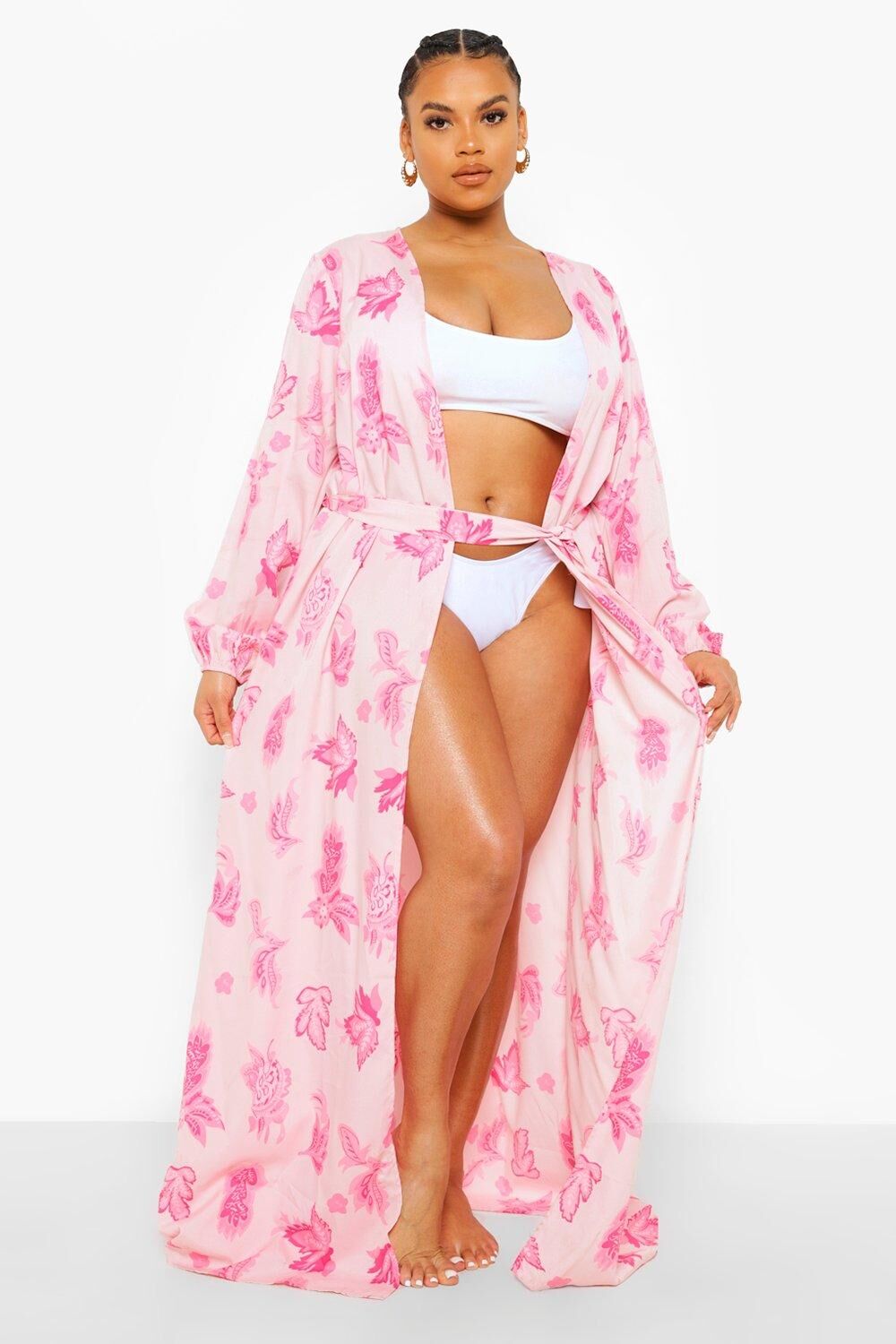 Boohoo Plus Paisley Print Beach Kimono- Pink  - Size: 28