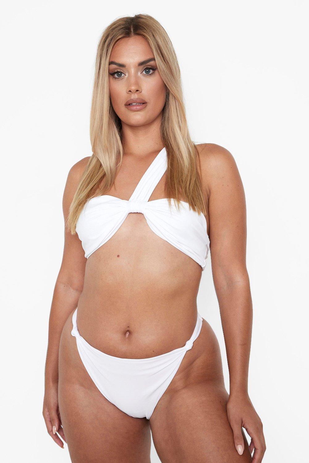 Boohoo Plus Knot One Shoulder Bandeau Bikini Top- White  - Size: 20