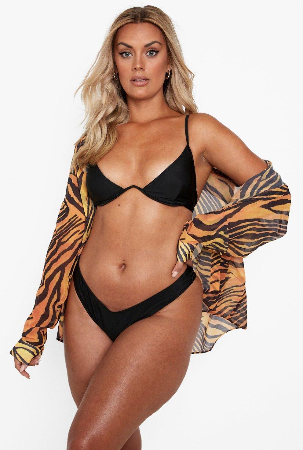 Boohoo Plus Tiger Print Beach Shirt- Orange  - Size: 28