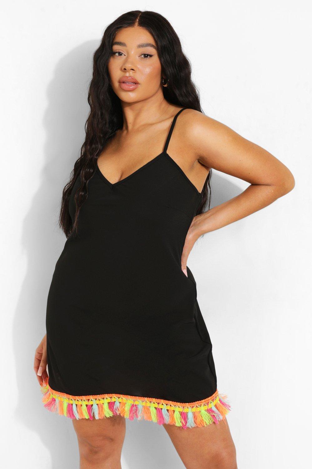 Boohoo Plus Tassel Trim Beach Dress- Black  - Size: 24