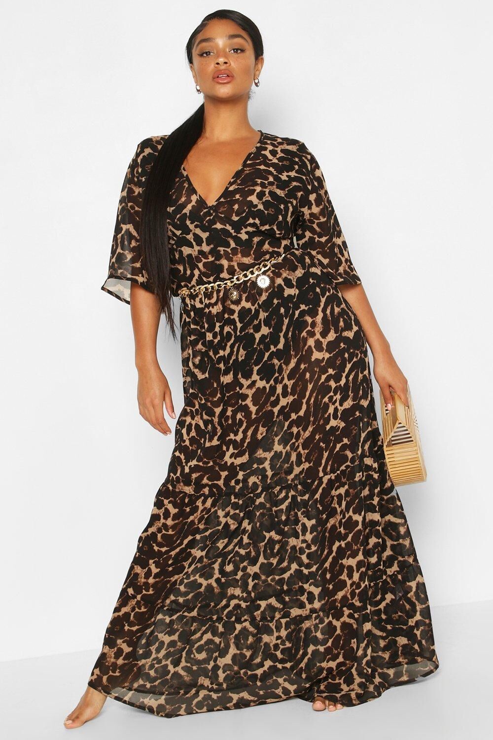 Boohoo Plus Leopard Ruffle Beach Midi Dress- Brown  - Size: 16