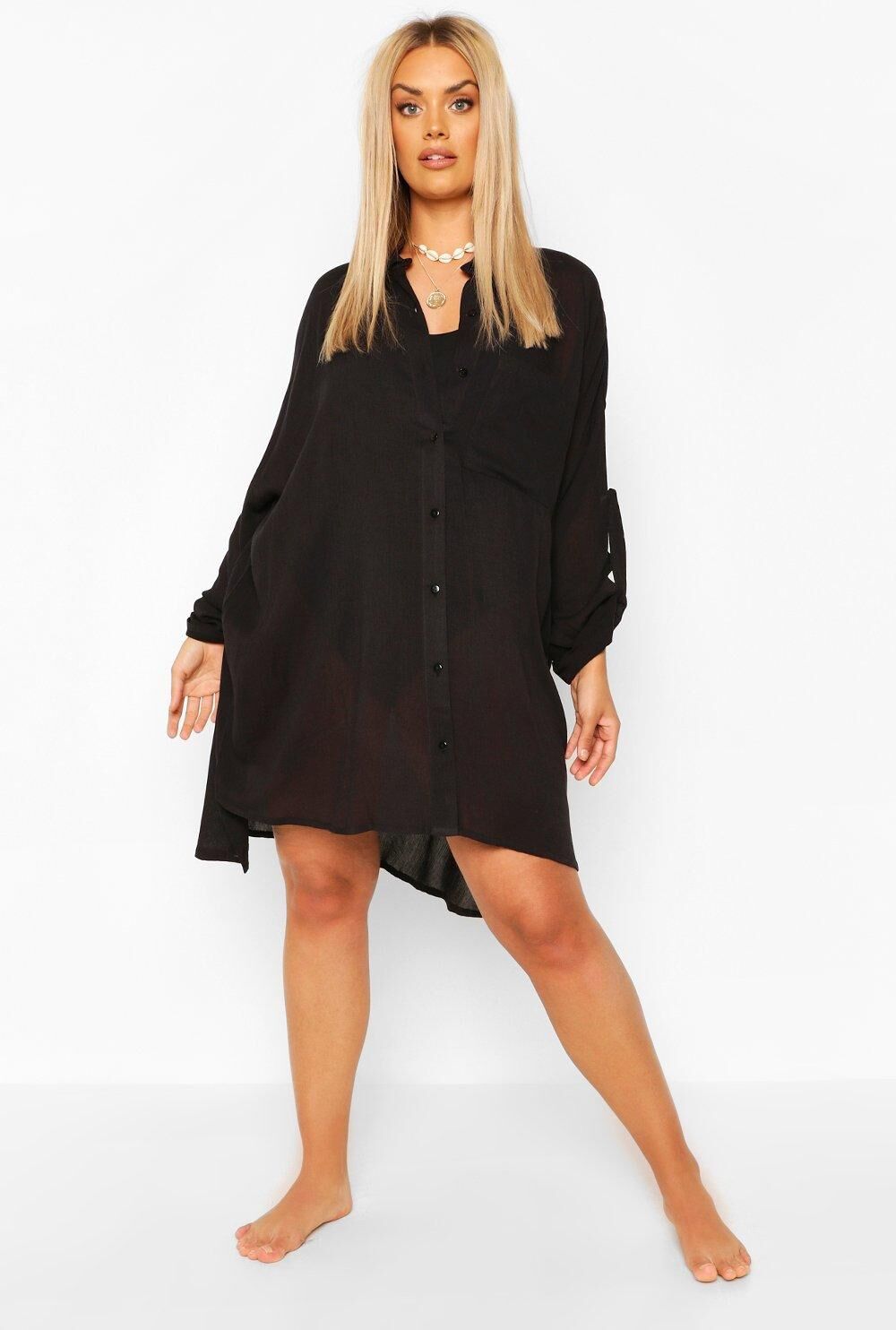 Boohoo Plus Cheesecloth Beach Shirt- Black  - Size: 18