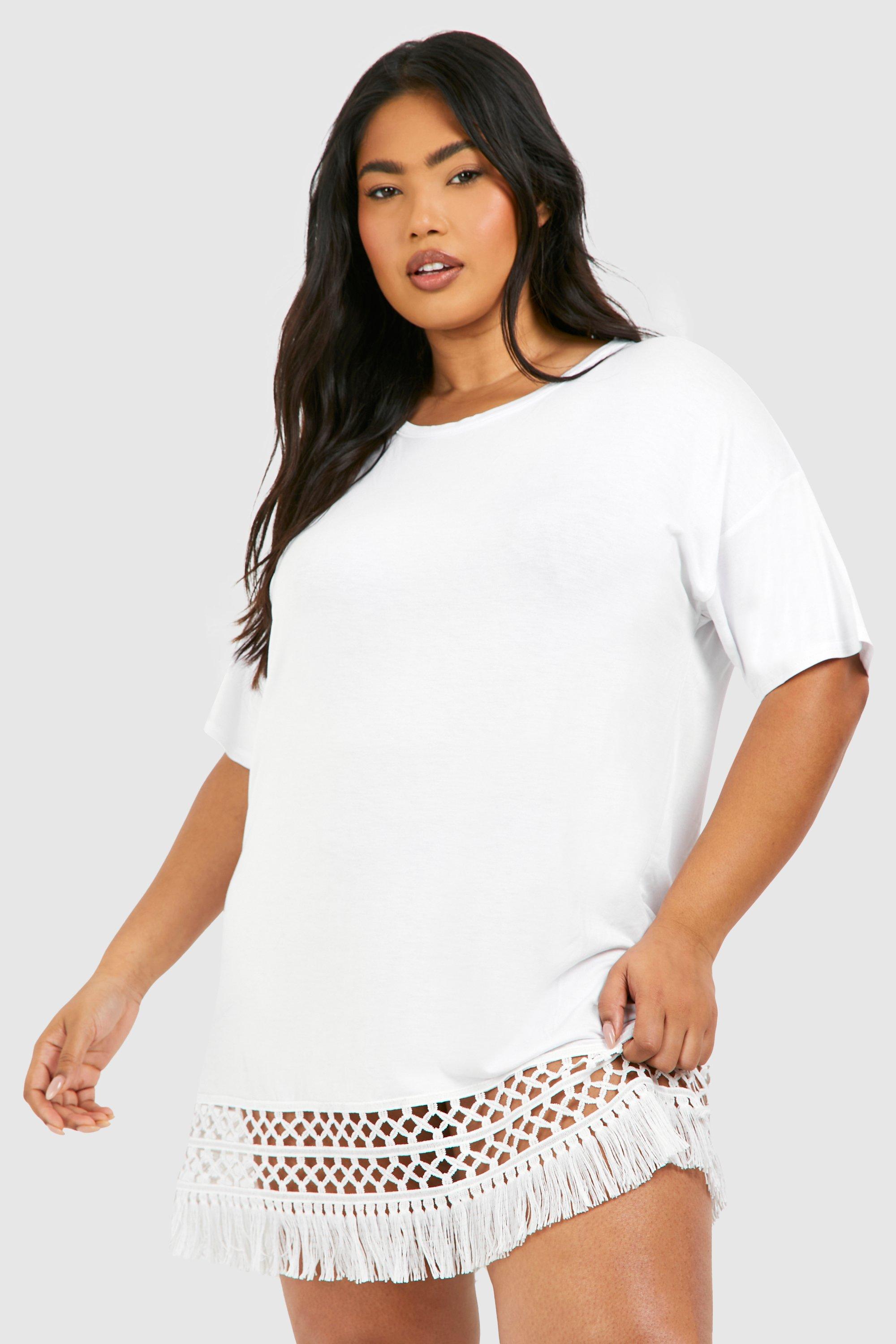Boohoo Plus Crochet Tassel Hem Beach Dress- White  - Size: 20