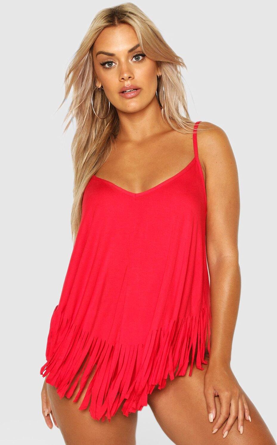 Boohoo Plus Tassel Beach Cami Top- Red  - Size: 28