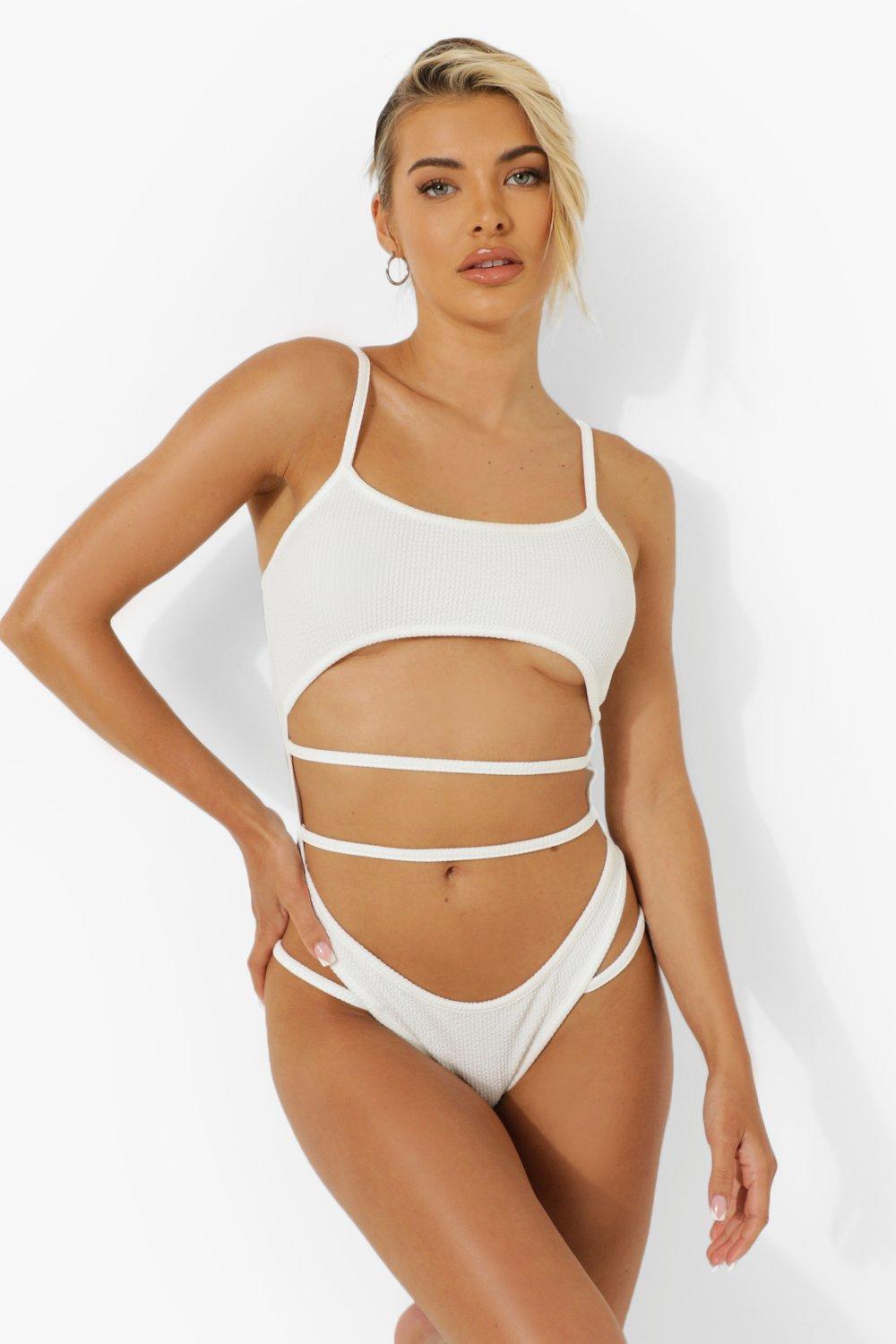 Boohoo Cut Out Strappy Textured Rib Swimsuit- White  - Size: 14