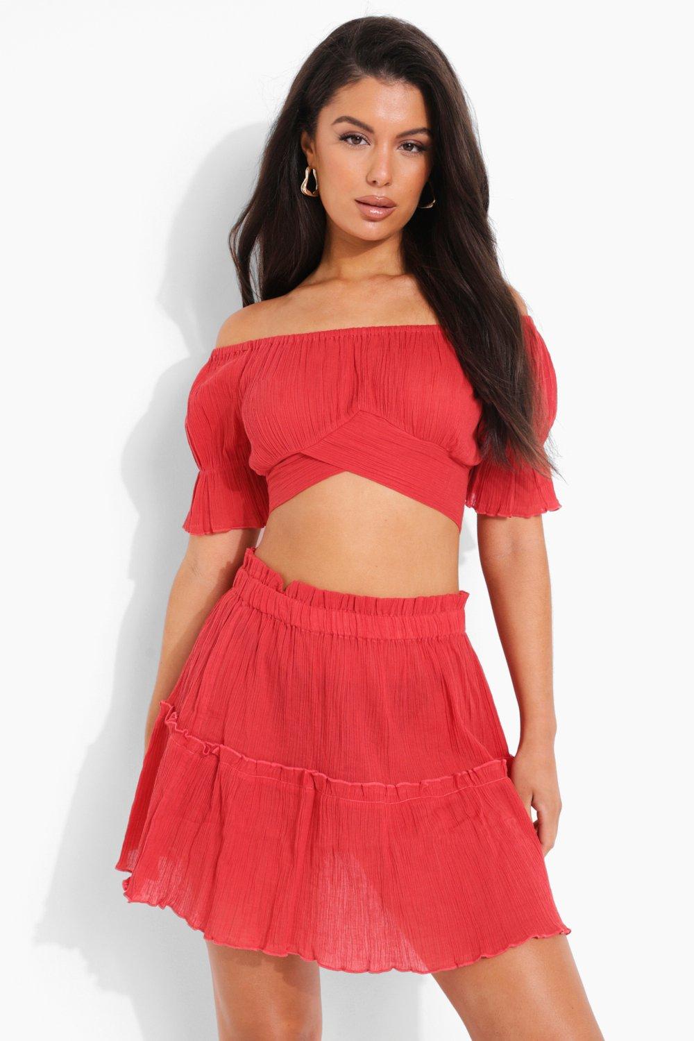 Boohoo Frill Bardot Top Skater Skirt Beach Co Ord- Red  - Size: L