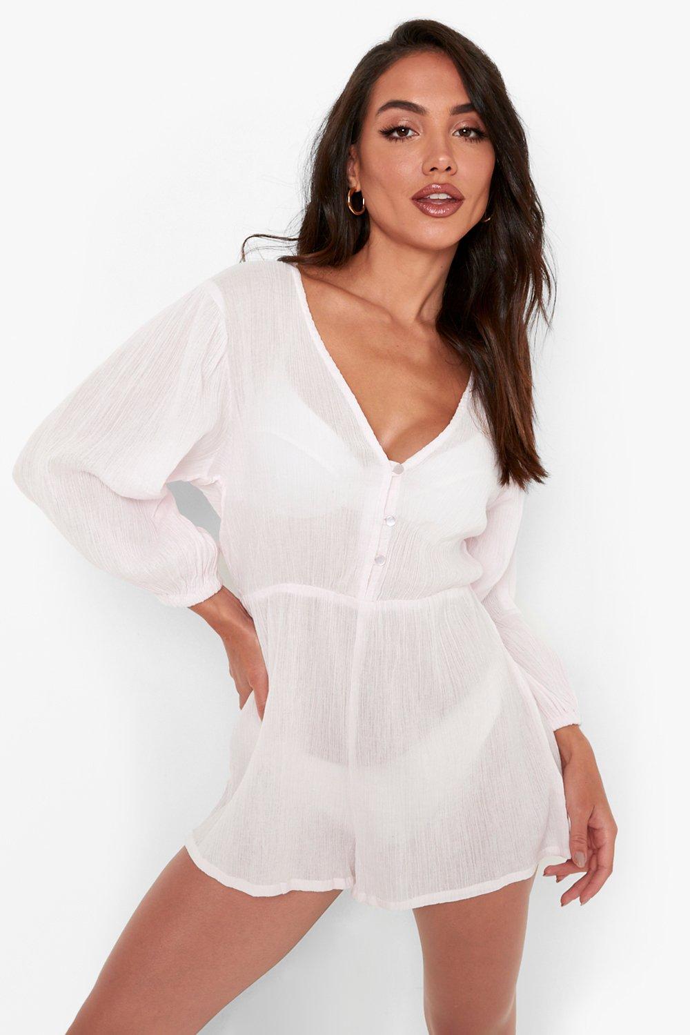 Boohoo Puff Sleeve Cheesecloth Playsuit- Pink  - Size: L