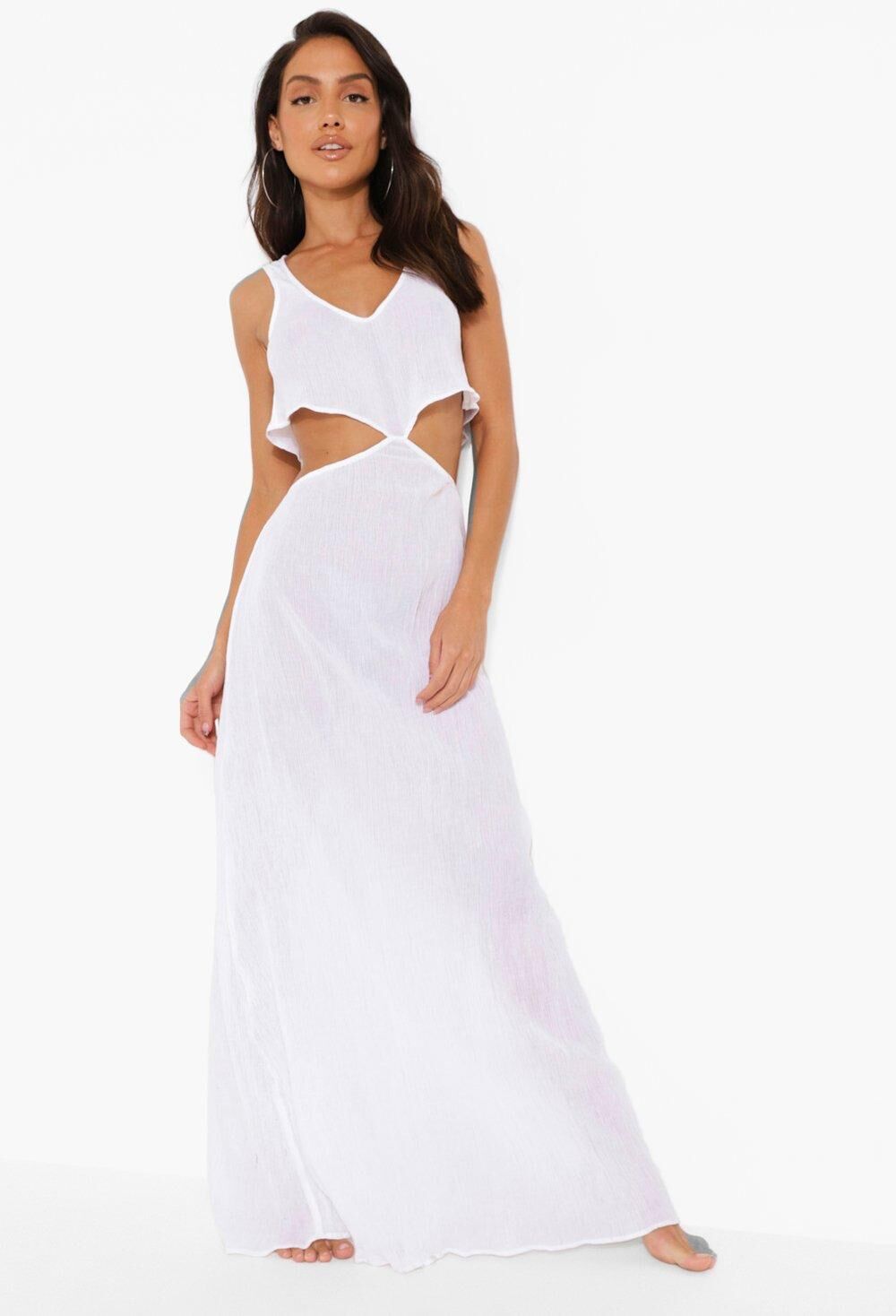 Boohoo Cheesecloth Frill Cut Out Beach Maxi Dress- White  - Size: M