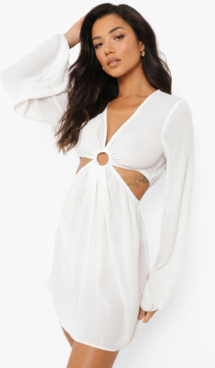 Boohoo Chiffon O-Ring Detail Cut Out Beach Dress- White  - Size: S