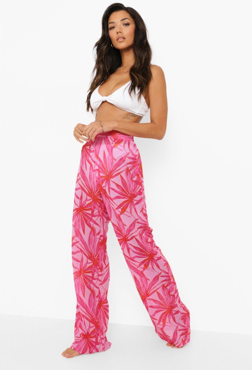 Boohoo Pink Palm Chiffon Beach Pants  - Size: S