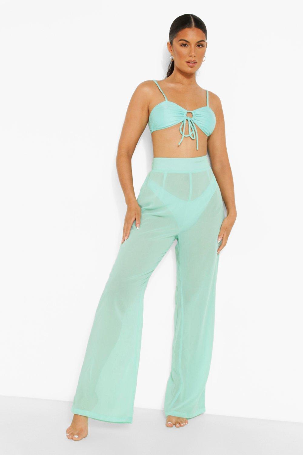 Boohoo Chiffon Beach Pants- Green  - Size: M