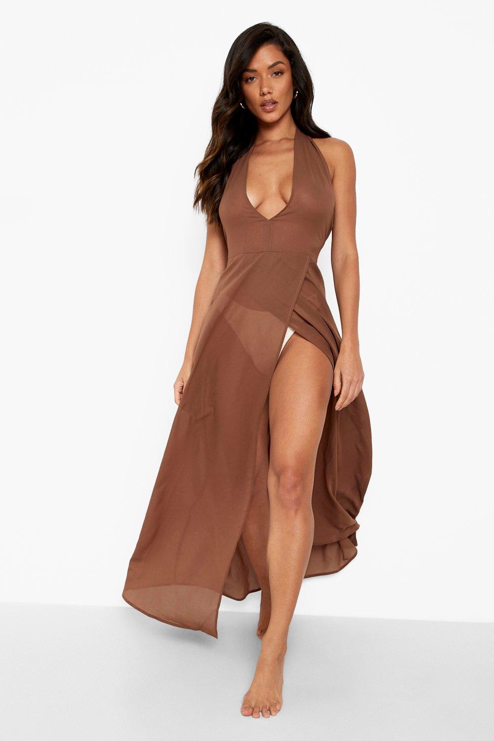 Boohoo Chiffon Plunge Beach Dress- Brown  - Size: S