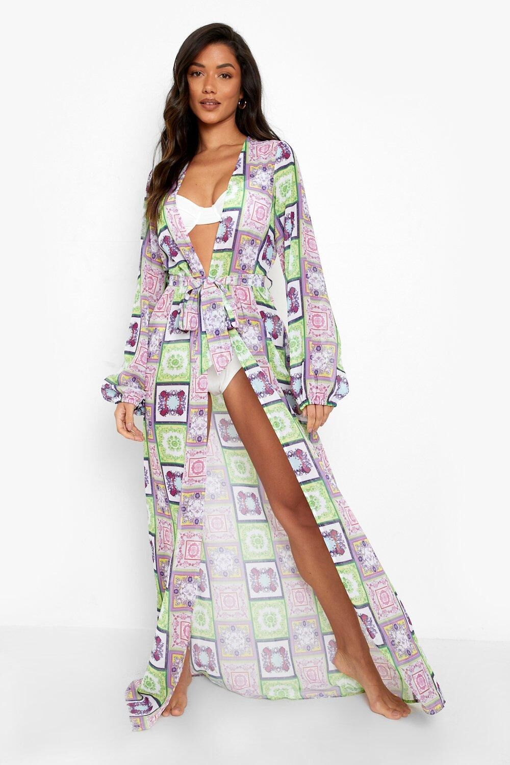 Boohoo Chain Print Belted Maxi Beach Kimono- Purple  - Size: M