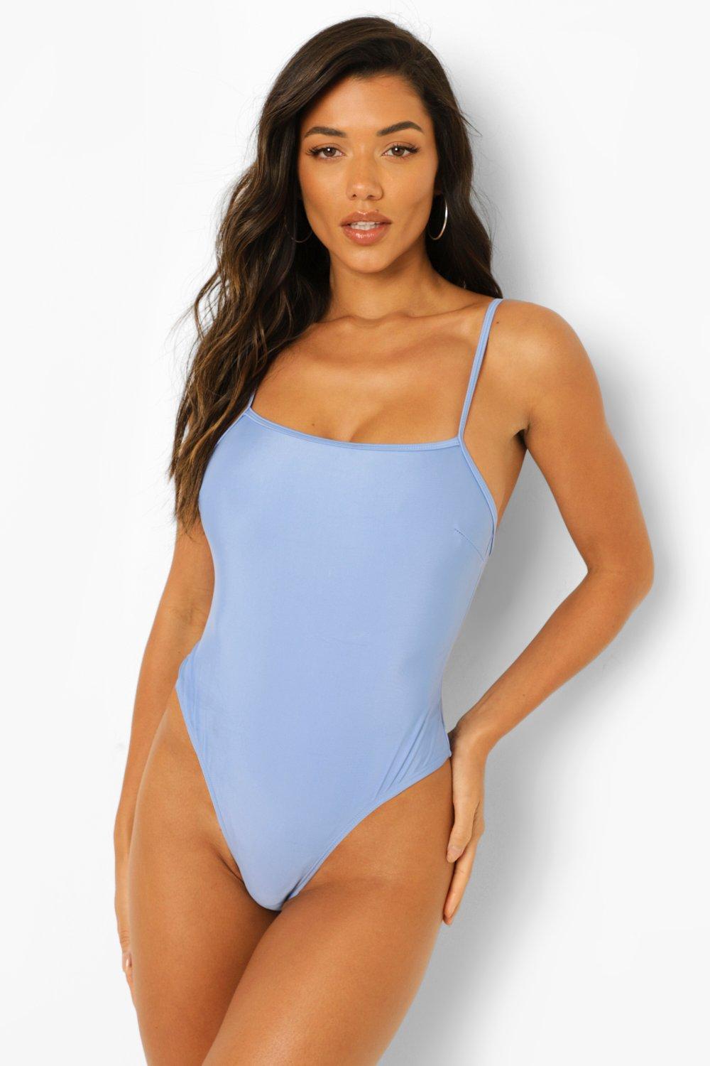 Boohoo Square Neck Strappy Swimsuit- Blue  - Size: XS