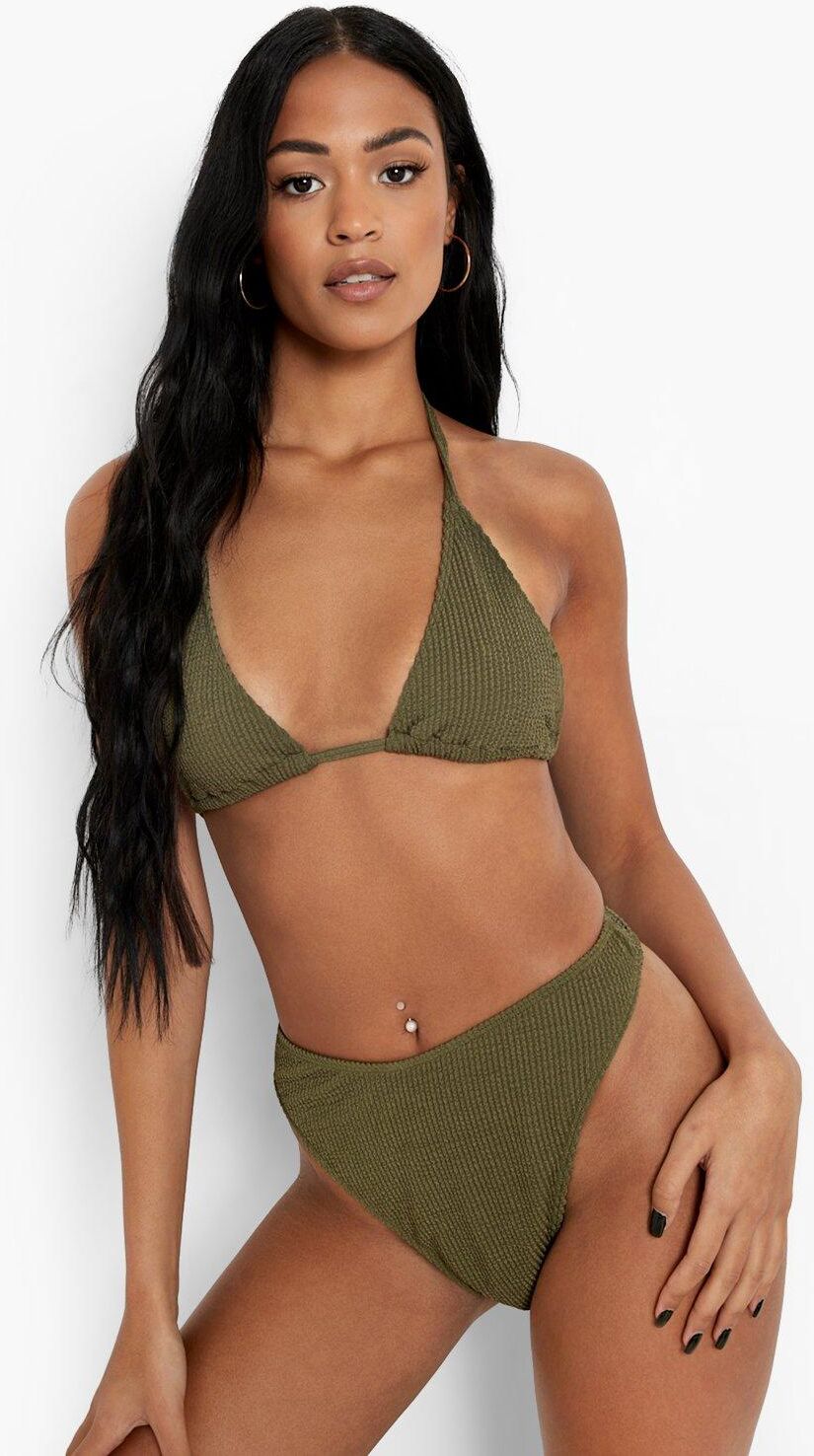 Boohoo Tall Crinkle Triangle Bikini Top- Green  - Size: 6