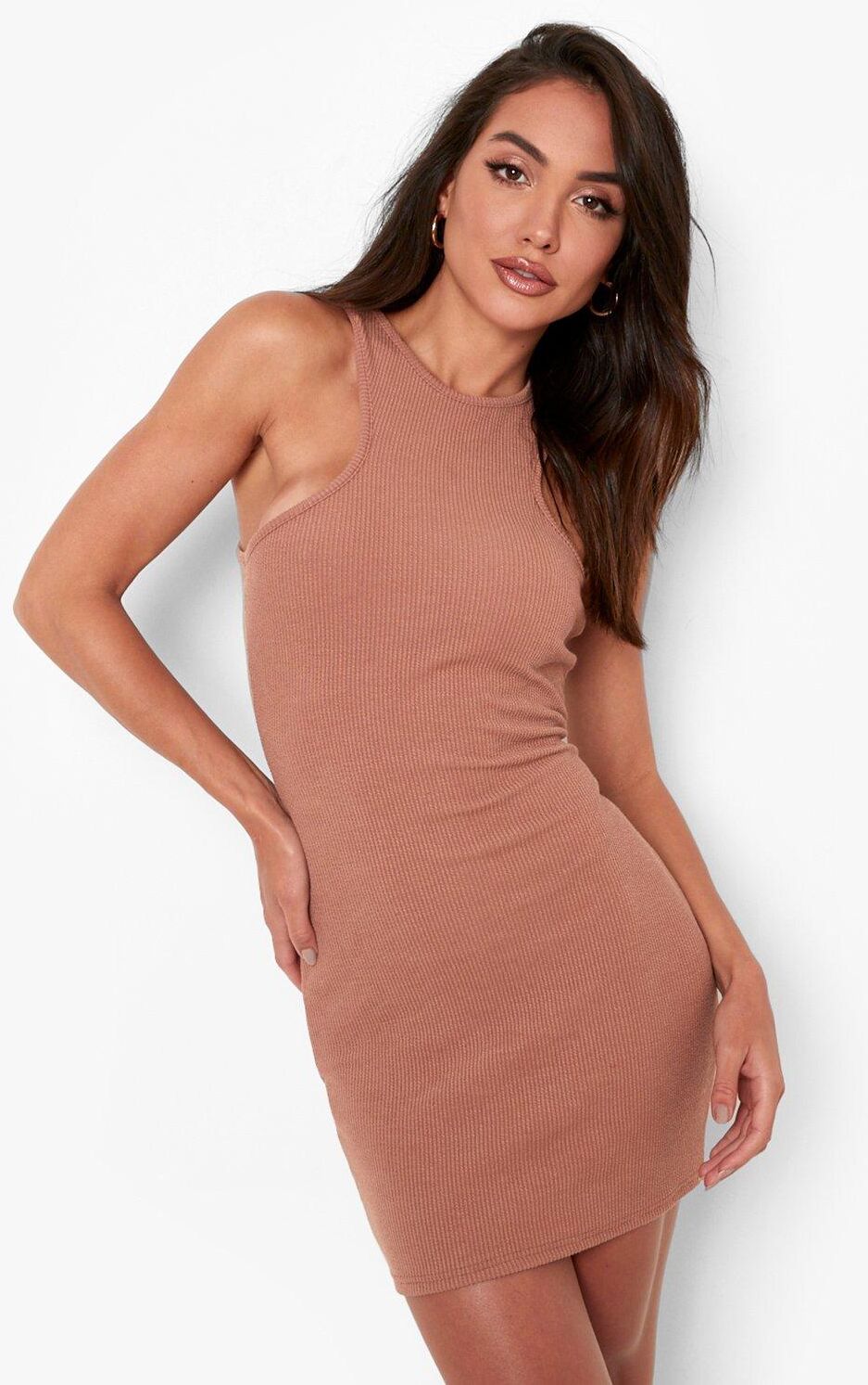 Boohoo Crinkle Racer Neck Beach Mini Dress- Brown  - Size: M