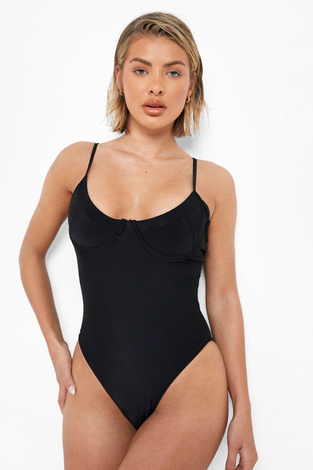 Boohoo Recycled Bustier Swimsuit- Black  - Size: 16