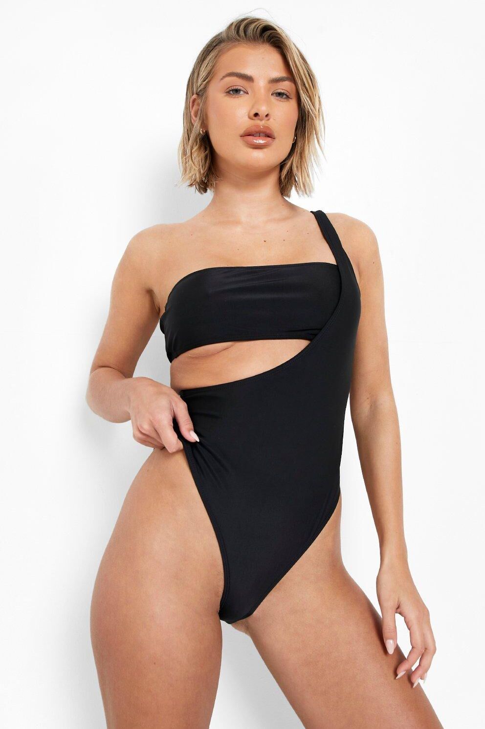 Boohoo Recycled One Shoulder Swimsuit- Black  - Size: 8